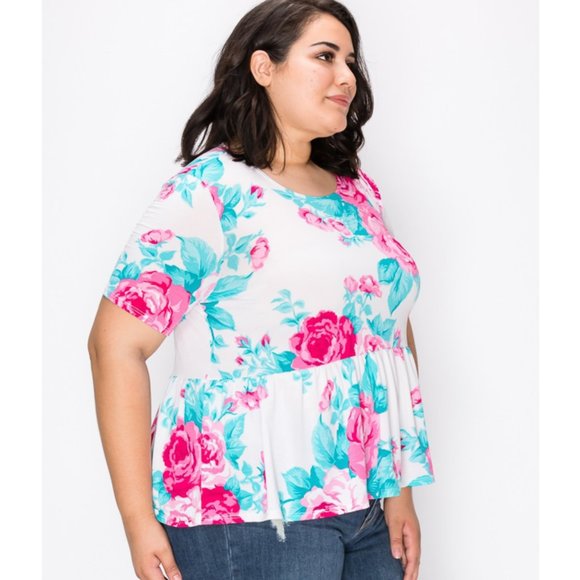 1x-3x Plus powder blue& pink  frill hem tunic top - Picture 4 of 7